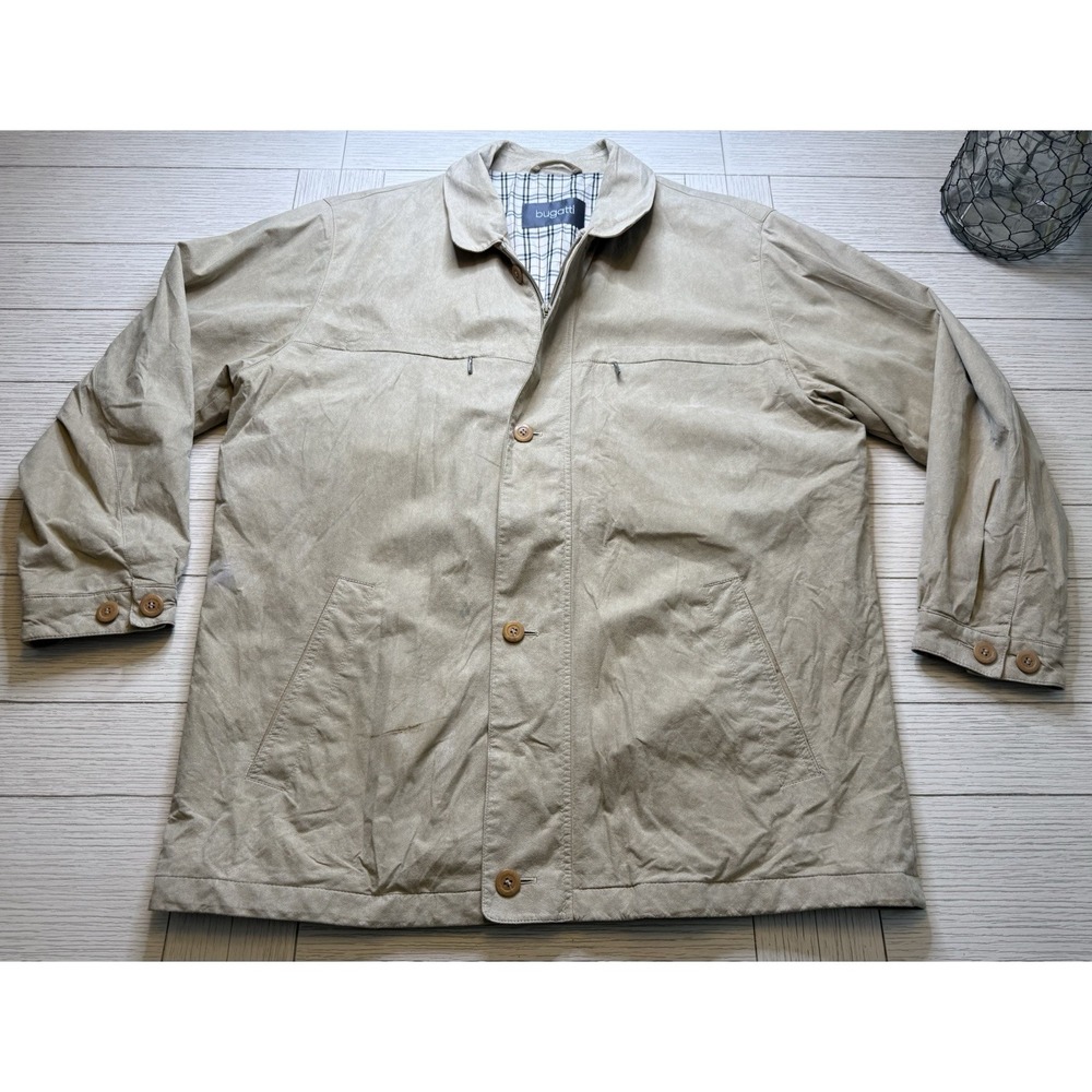 VTG Bugatti Beige Car Coat Jacket Softshell Fabric Outer Shell W Plaid Lining 52